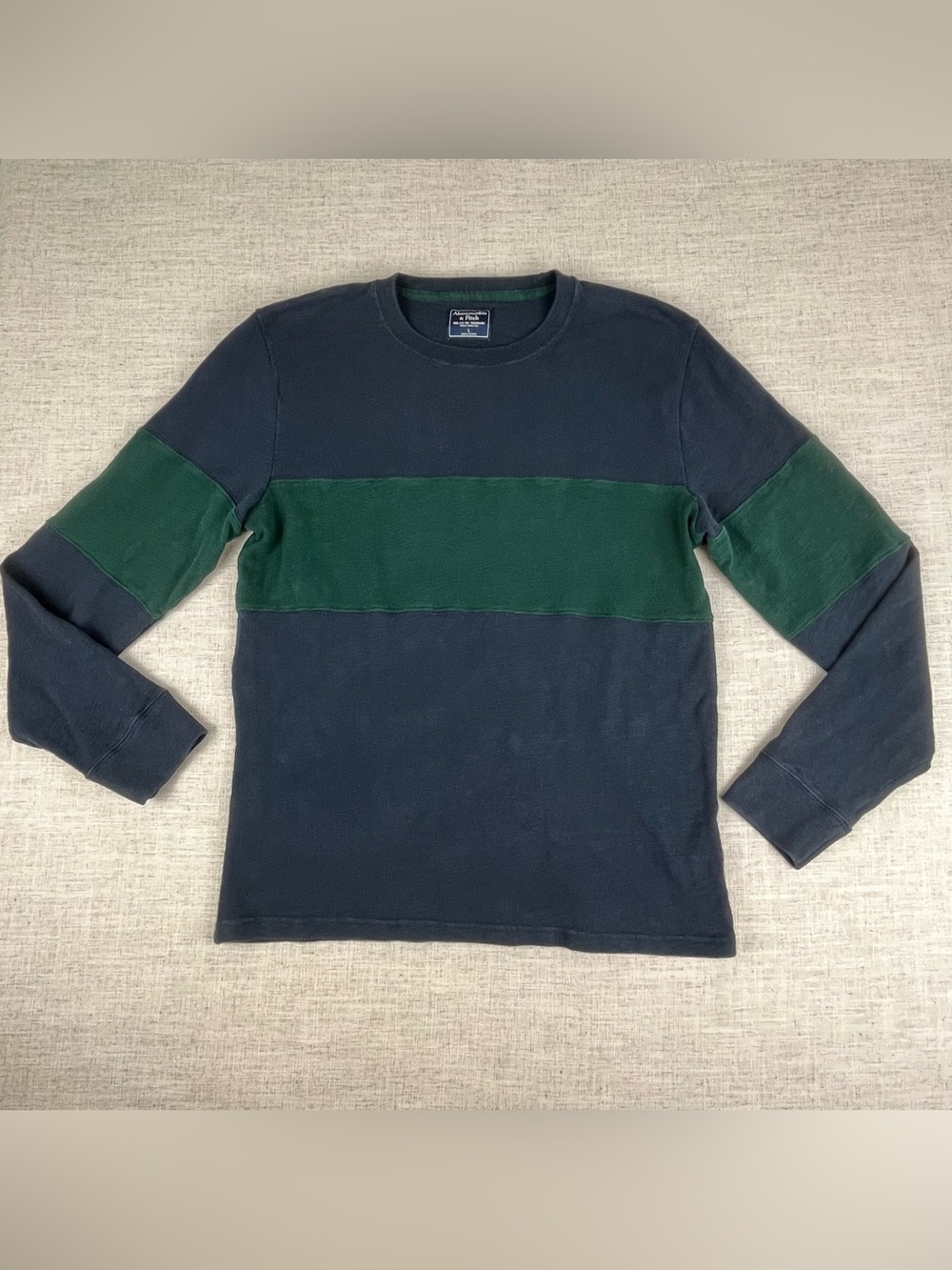 Abercrombie & Fitch Mens Long Sleeve Shirt Navy Blue Green Stripe Crewneck L